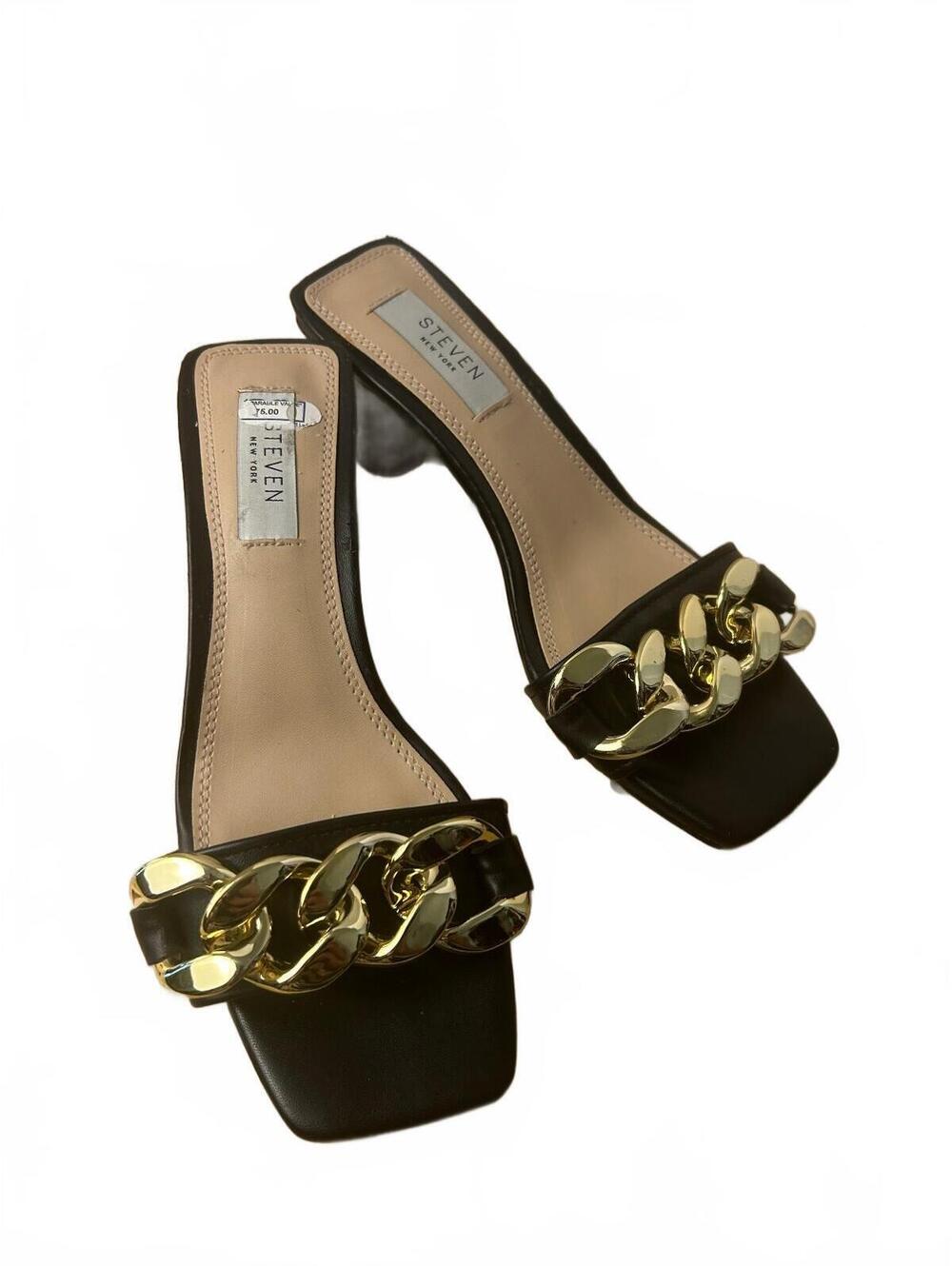 Steven New York Black Slide Sandals with Gold Chain Detail, Size 6